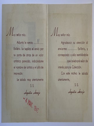 Unique 1946 Cork Bookplate and Business Card of Agust&iacute;n Arrojo Mu&ntilde;oz