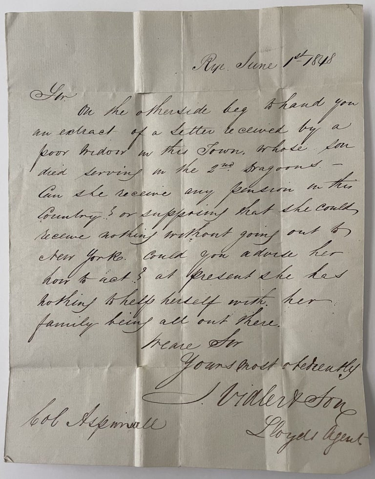 Item #1225 1848 Manuscript Letter to Colonel Thomas Aspinwall Concerning Mexican War. J. Bidler, Son.