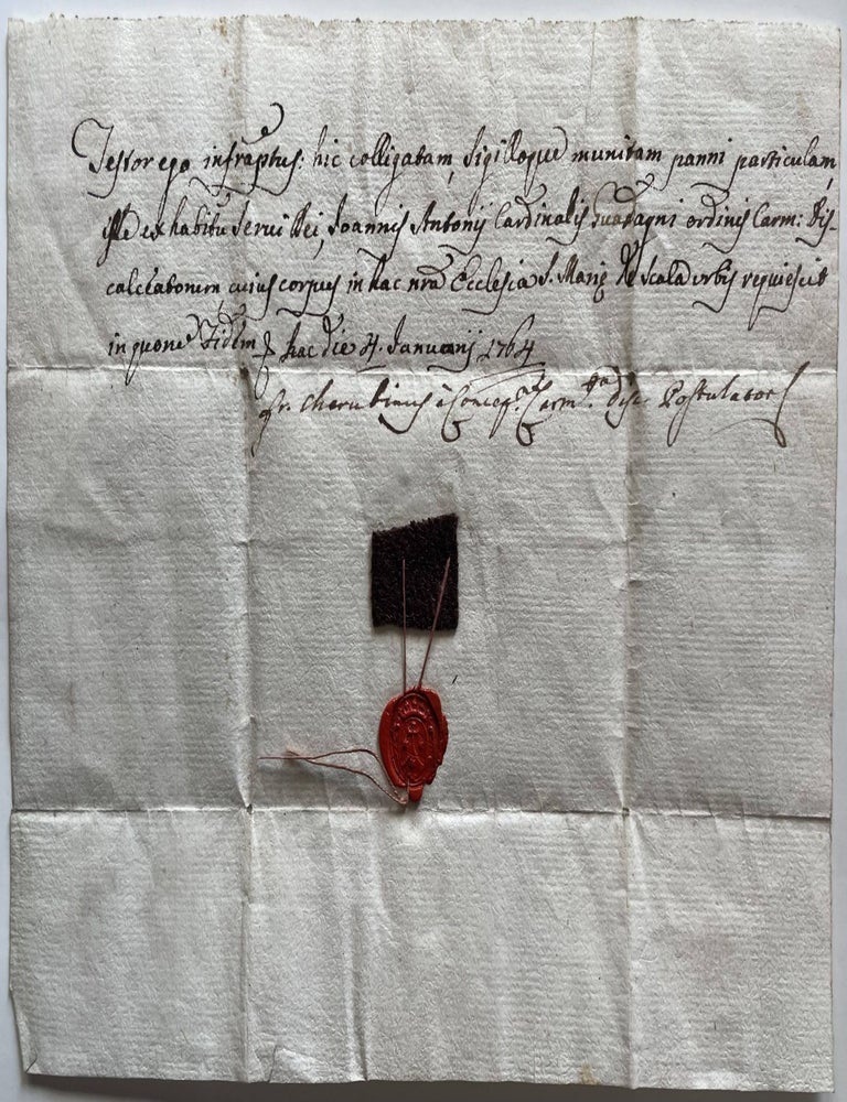 Item #1258 1764 Ex Habitu Relic of Giovanni Antonio Cardinal Guadagni, Servant of God, Attached to Manuscript Letter