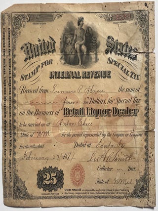 Item #1320 Two 1877 United States Internal Revenue Service Special Tax Stamp Forms signed by...