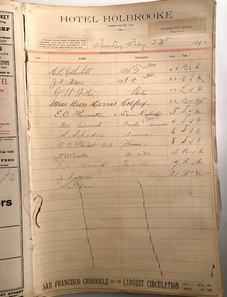 Holbrook Hotel Register, Grass Valley, California February 21 to April 13, 1892