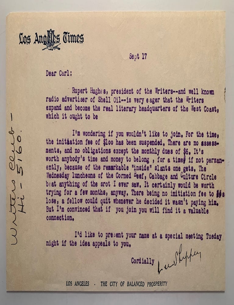 Item #1409 Correspondence between Rupert Hughes, Carl Haverlin and Lee Shippey 1933-1950. Rupert Hughes, Carl Haverlin, Lee Shippey.