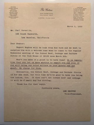 Correspondence between Rupert Hughes, Carl Haverlin and Lee Shippey 1933-1950
