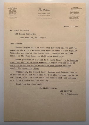 Correspondence between Rupert Hughes, Carl Haverlin and Lee Shippey 1933-1950