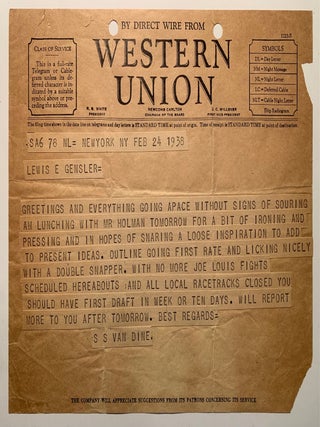 Typed Letter Signed to Lewis E. Gensler from S.S. Van Dine with Western Union Wire from Van Dine. S. S. Van Dine, Willard Huntington.