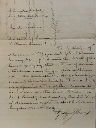 [Los Angeles] Probate Court Documents of Joshua Bean, brother of Judge Roy Bean, Signed by Agustin Olvera