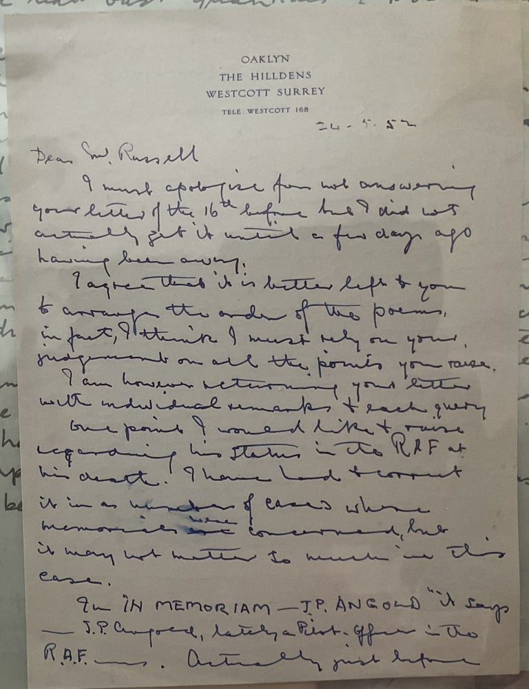 Item #1945 Archive of Poet John Penrose Angold with "Collected Poems" Published in 1952. J. P Angold.