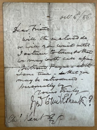 Eight Ephemeral George Cruikshank Items including 2 ALS's in his hand, 1 ALS to Cruikshank, 3 Envelopes, a Business Card and Memorandum, 1860's & 70's