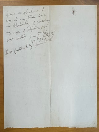 Eight Ephemeral George Cruikshank Items including 2 ALS's in his hand, 1 ALS to Cruikshank, 3 Envelopes, a Business Card and Memorandum, 1860's & 70's