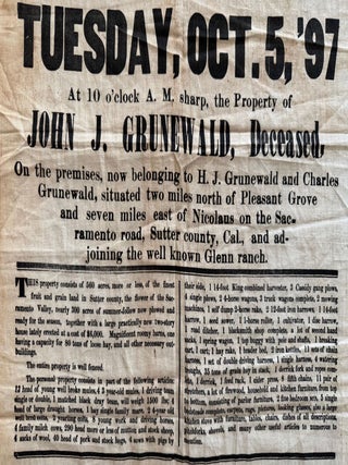 1897 Cloth Broadside Advertising Sale of the Estate of John Grunewald, Sutter County, California