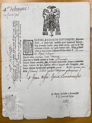 Item #2243 Proclamation of Jean-Gilles du Coëtlosquet 1744 on the Ordination of Ludovicum Du...