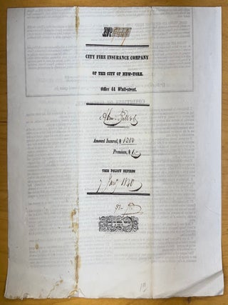 City Fire Insurance Company of the City of New York Fire Policy for Abraham Bell & Company, 117 Broad Street, New York--1839