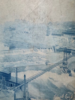 Cyanotype Photograph of Black Eagle Falls, Great Falls, Montana with Suspension Bridge, Black Eagle Dam and Anaconda Copper Mining Facilities circa 1890's