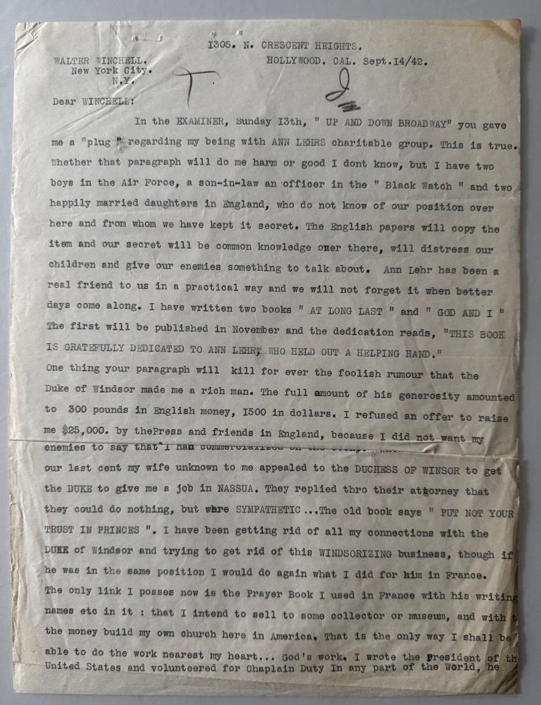 Item #2316 [British Royalty][Walter Winchell] TLS from Officiant of the Wedding for Duke of Windsor and Wallis Simpson plus Ephemera. Rev. Robert Anderson Jardine.