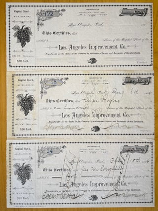 Los Angeles Improvement Company Stock Ledger Book, Indenture Document and Three Stock Certificates 1885-1887