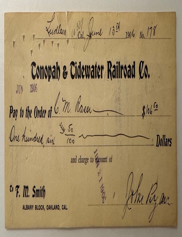 Item #2690 [Mining] Tonopah & Tidewater Railroad Company Check, Issued by John Ryan to Clarence M. Resor on the Account of Borax Smith--June 13, 1906. John Ryan.