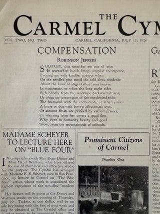 [Robinson Jeffers][Carmel, California] Collection of the Carmel Cymbal and The Carmelite Newspapers, 1926-1932, with letter from Ward Ritchie