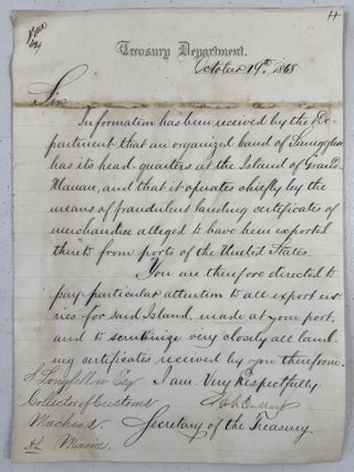 Stephen Longfellow] United States Treasury Department Letter Regarding Smuggling of Goods from...