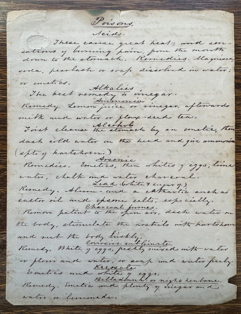 Item #2710 [POISONS][ANTIDOTES] Poisons and their Remedies--19th Century Autograph List of Poisons and Remedies