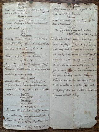 [POISONS][ANTIDOTES] Poisons and their Remedies--19th Century Autograph List of Poisons and Remedies