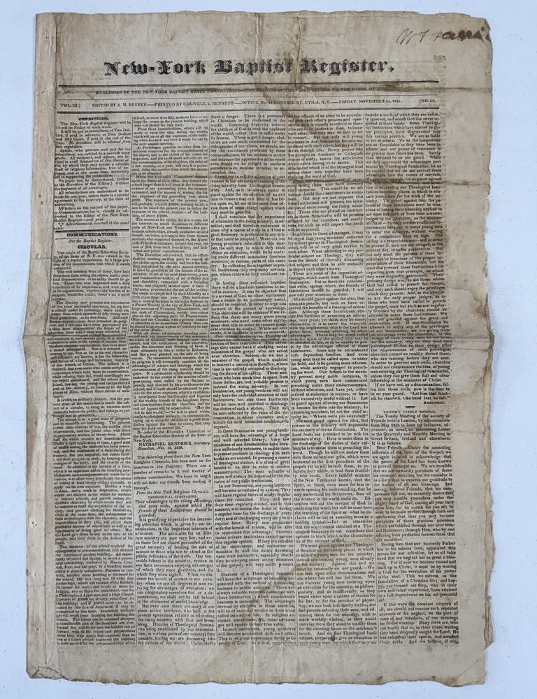 Item #2715 New-York Baptist Register Vol. III No. 33, November 24, 1826