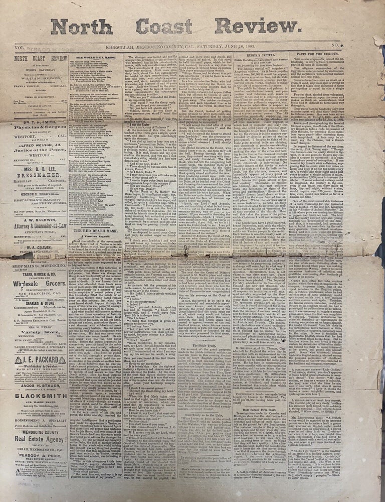 Item #2718 [Kibesillah, Mendocino County, California] North Coast Review, Vol. 1 No. 5, Saturday, June 16, 1883. William Heeser.