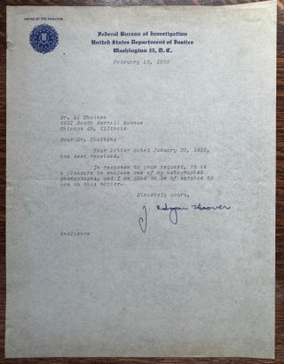 Item #2728 J. Edgar Hoover Typed Letter Signed--February 16, 1950. J. Edgar Hoover