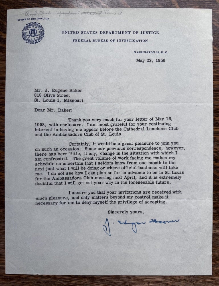 Item #2729 J. Edgar Hoover Typed Letter Signed--May 22, 1958. J. Edgar Hoover.