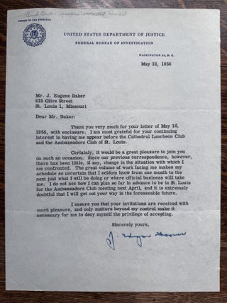Item #2729 J. Edgar Hoover Typed Letter Signed--May 22, 1958. J. Edgar Hoover