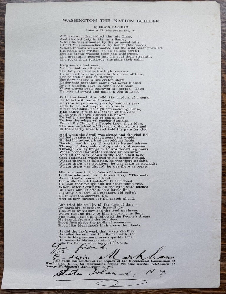 Item #2731 [Poetry][Signed] Washington the Nation Builder. Edwin Markham.