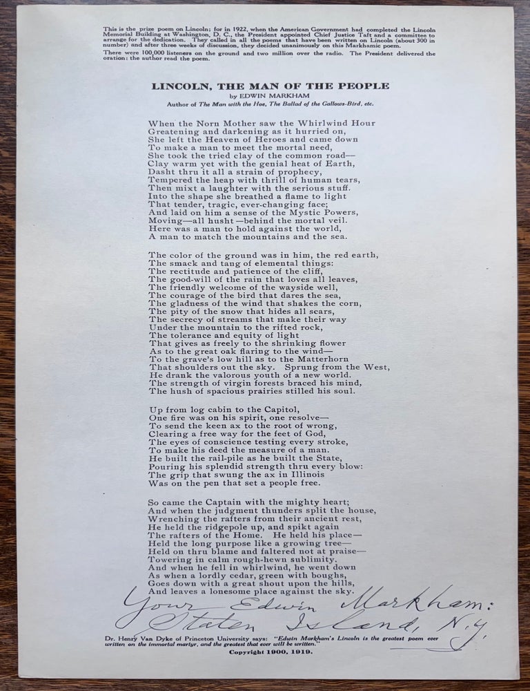 Item #2732 [Poetry][Signed] Lincoln the Man of the People. Edwin Markham.