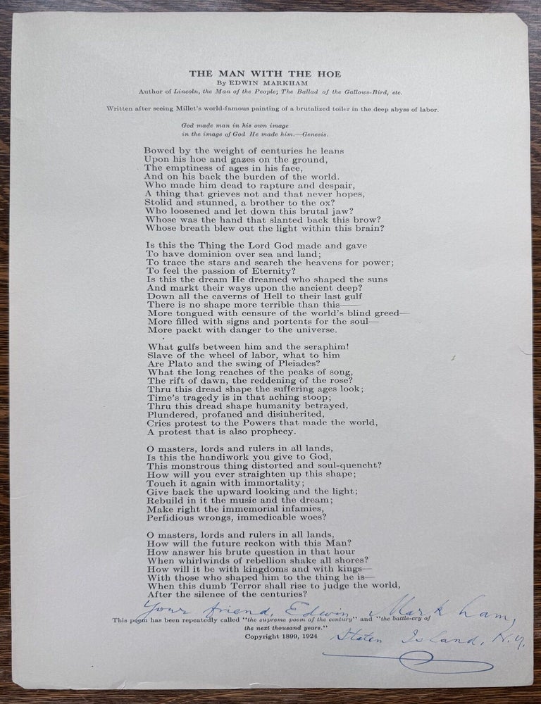 Item #2733 [Poetry][Signed] The Man with the Hoe. Edwin Markham.
