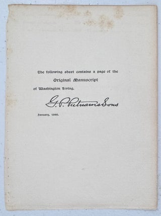 Original Manuscript Page from Author's Autograph Edition of Irving's Works as published by G.P. Putnam's Sons in 1895