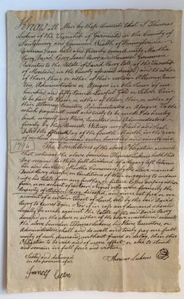 Slavery] Colonial Pennsylvania Legal Document 1796. Thomas Lukens.