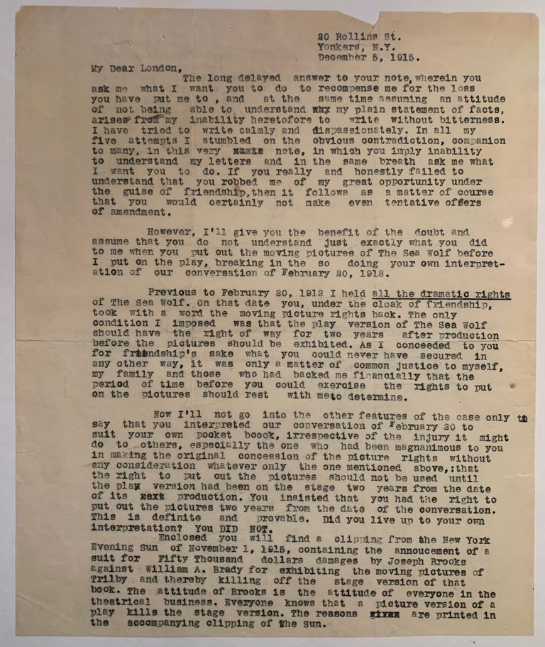 Item #358 [Jack London] Typed Letter From Joseph Noel to Jack London Re: Controversy Over Sea Wolf Moving Picture and Play. Joseph Noel.