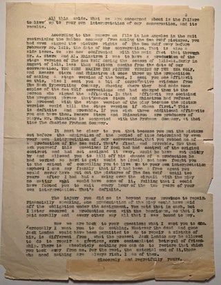 [Jack London] Typed Letter From Joseph Noel to Jack London Re: Controversy Over Sea Wolf Moving Picture and Play
