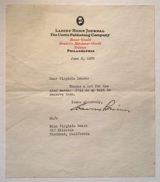 Item #359 Graeme and Sarah Lorimer Autograph and Typed Letters, Signed to Contributor Virginia...