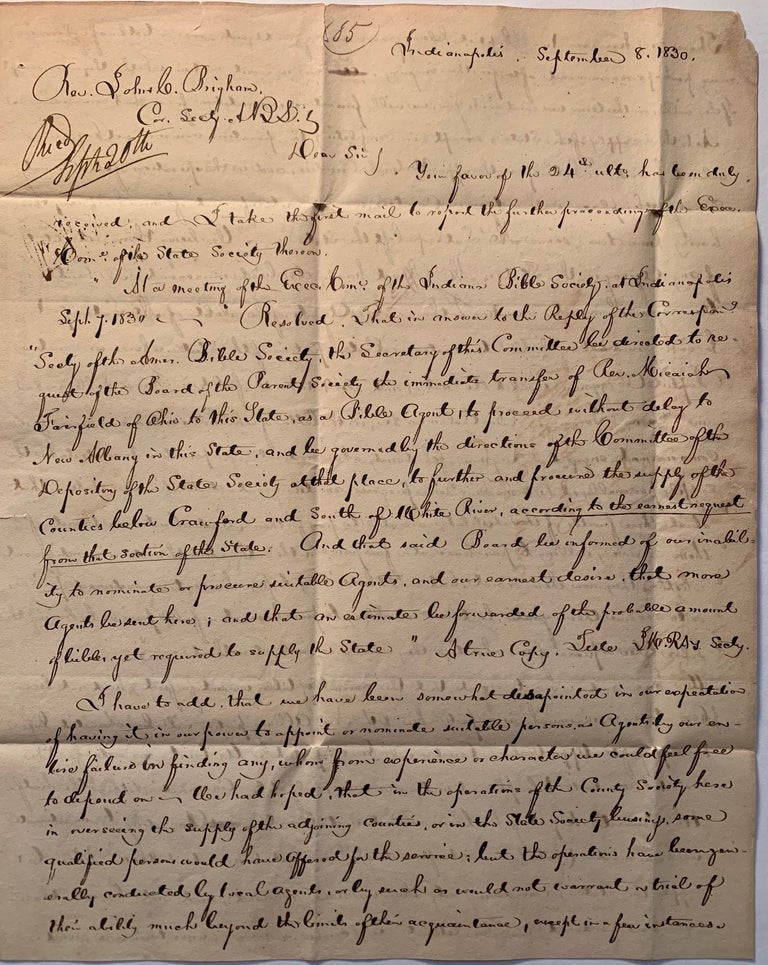Item #363 [Religion] Manuscript Letter Regarding the Indiana Bible Society and Their Efforts to Sell Bibles--Indianapolis, Indiana 1830. J. M. Ray.