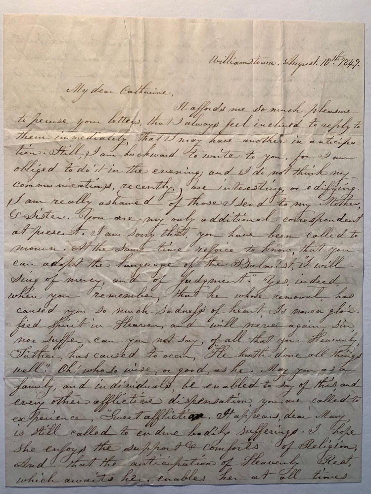 Item #365 Stampless Autograph Letter Signed, Williamstown, Pennsylvania to Bound Brook, New Jersey--Teaching and Cholera 1849. M. A. Van Arsdale.