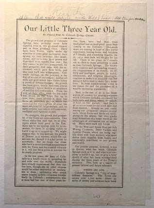 Item #375 [Colorado] Our Little Three Year Old--Colorado Springs Gazette ca. 1874