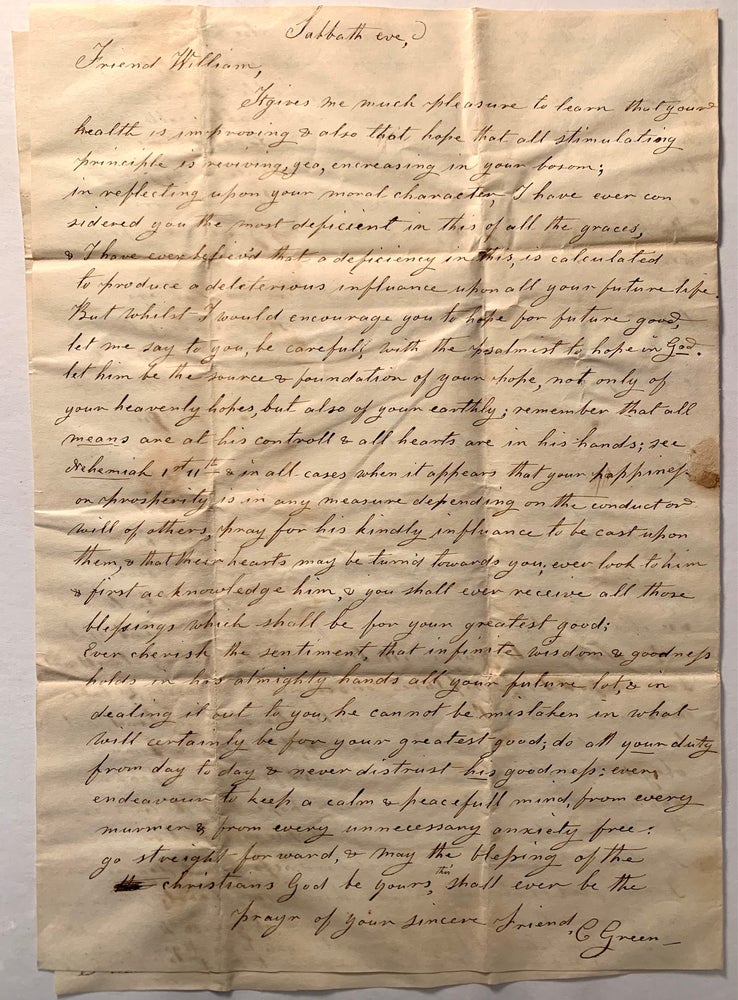 Item #387 Manuscript Stampless Letter From C. Green of Salisbury, New Hampshire to Josiah Green, Charlestown, Massachusetts July 1843. C. Green, Clarissa.