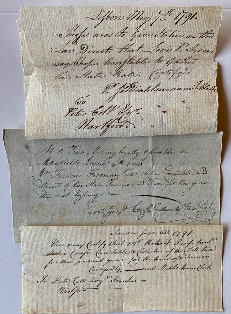 Item #393 [Late 18th Century Connecticut State Tax Collectors] Collection of 16 Manuscript Documents Codifying "Collector of State Taxes" for 1790-91 Connecticut Towns.