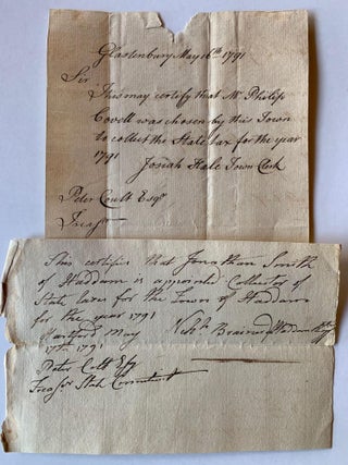 [Late 18th Century Connecticut State Tax Collectors] Collection of 16 Manuscript Documents Codifying "Collector of State Taxes" for 1790-91 Connecticut Towns