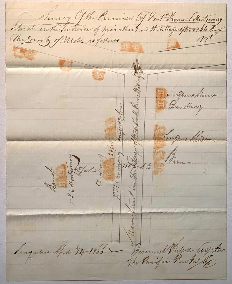 Item #412 [New York] Manuscript Survey and Map of the Premises of Dr. Thomas C [Colman] Montgomery, Main Street Woodstock, Ulster County, New York 1866. Jeremiah Purpose.