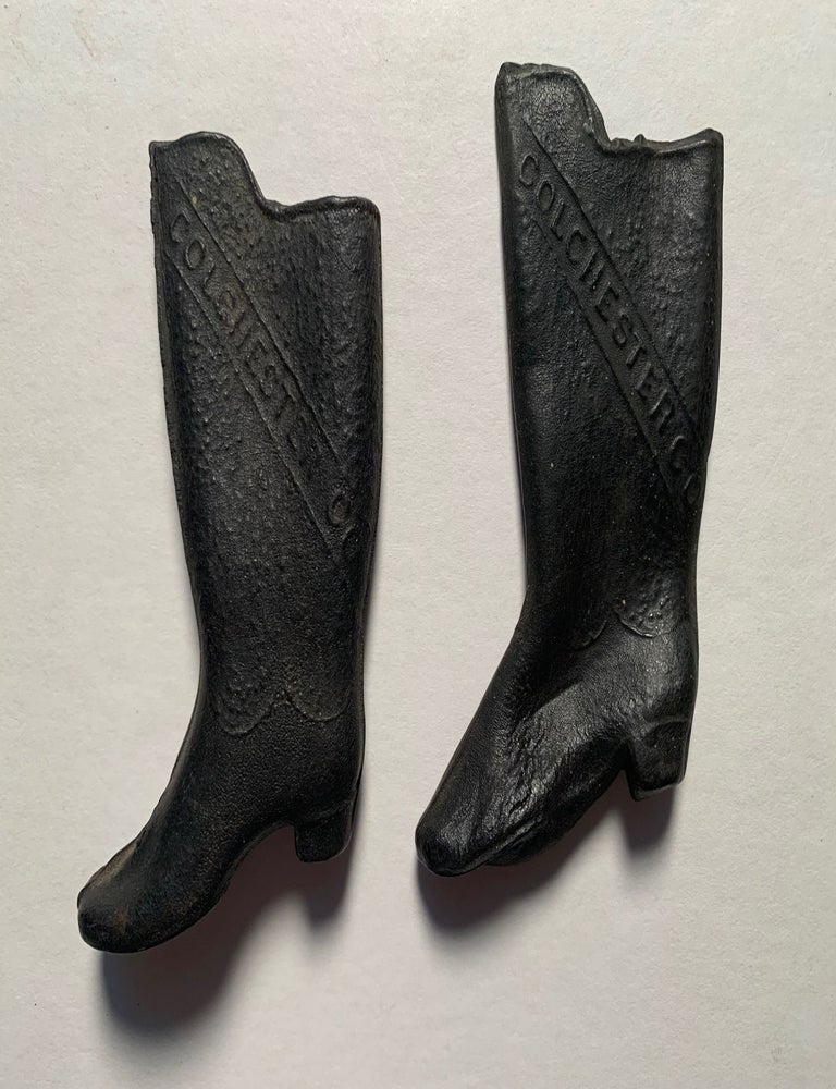 Item #454 Colchester Rubber Company Black Miniature Rubber Advertising Boots. Colchester Rubber Company.