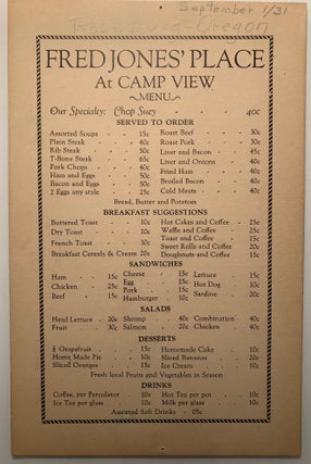 Item #468 Fred Jones' Place at Camp View--Menu 1931