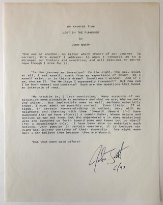 Item #712 [John Barth] "Lost in the Funhouse" One-page Typed Manuscript Signed. John Barth