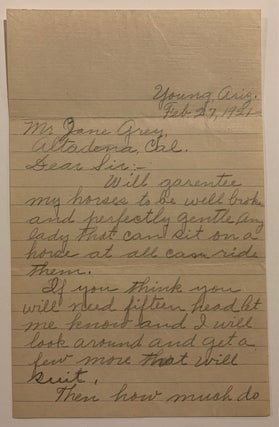 Item #837 [Arizona] Autograph Letter Signed from L.B. [Babe] Haught to Zane Grey Feb. 27, 1921....
