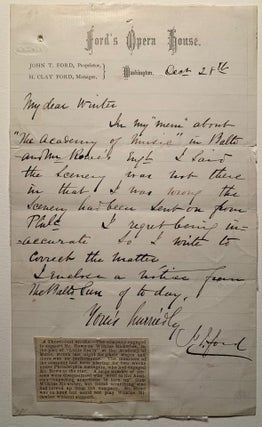 Item #904 [Ford's Theater] Autograph Letter Signed by John T. Ford, Proprietor of Ford's Opera...