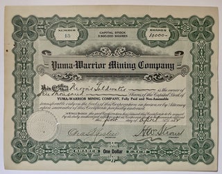 Item #933 [Mining] Certificate of Ownership of Shares in the Yuma Warrior Mining Company, Issued...